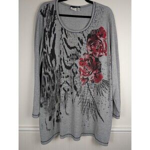 Ulla Popken Women's US 20/22 Gray Multicolored Abstract Long Line Tunic Top